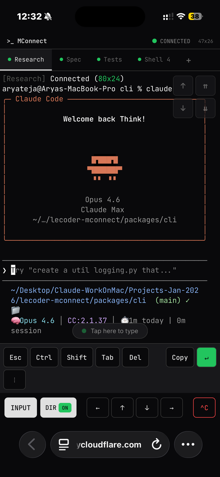 Claude Code running in the MConnect mobile terminal