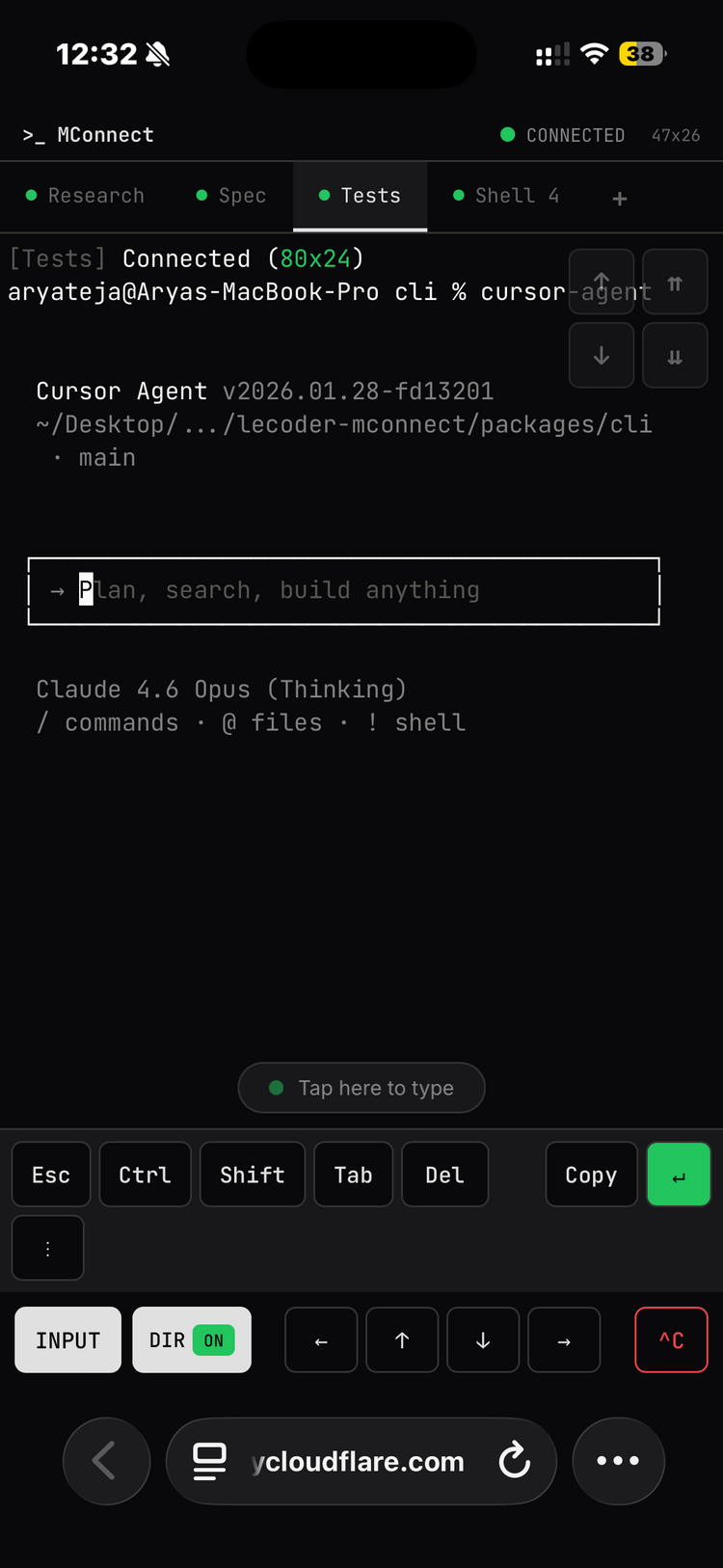 Cursor Agent running in the MConnect mobile terminal