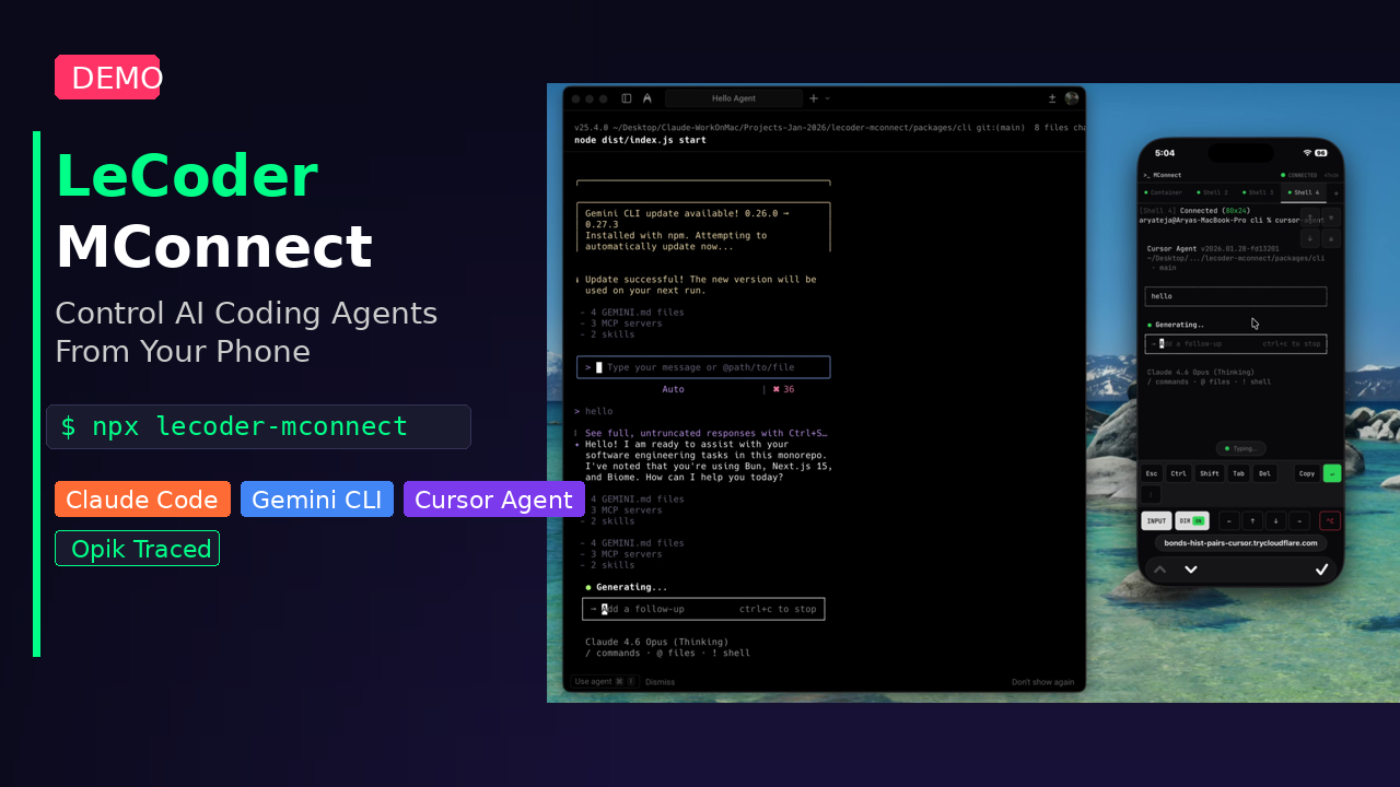 LeCoder MConnect running coding-agent sessions on a Mac and iPhone
