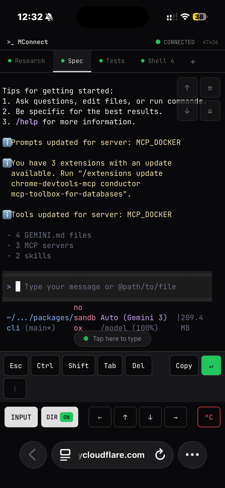 Gemini CLI running in the MConnect mobile terminal
